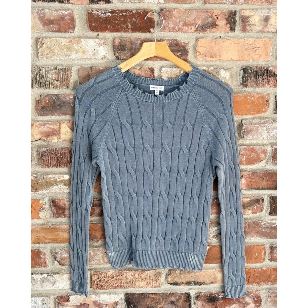 Minnie Rose Blue Cotton Distressed Cable Knit Crew Pullover Sweater, XS